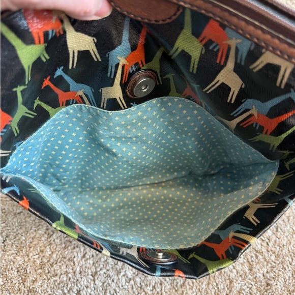 Fossil Brown Multi Giraffes Pattern Key-Per Crossbody Purse Coated Canvas Blue - Picture 9 of 16